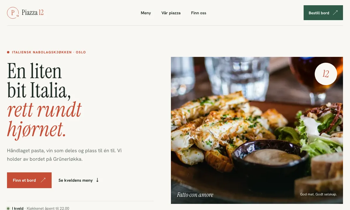 Forsiden til Piazza 12 med italiensk matfoto og bordbestilling