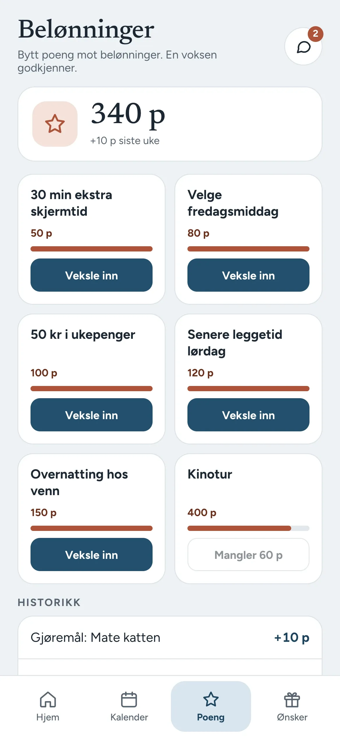 Stua Belønninger: poeng kan veksles inn i skjermtid, ukepenger, kinotur og andre familiemål.