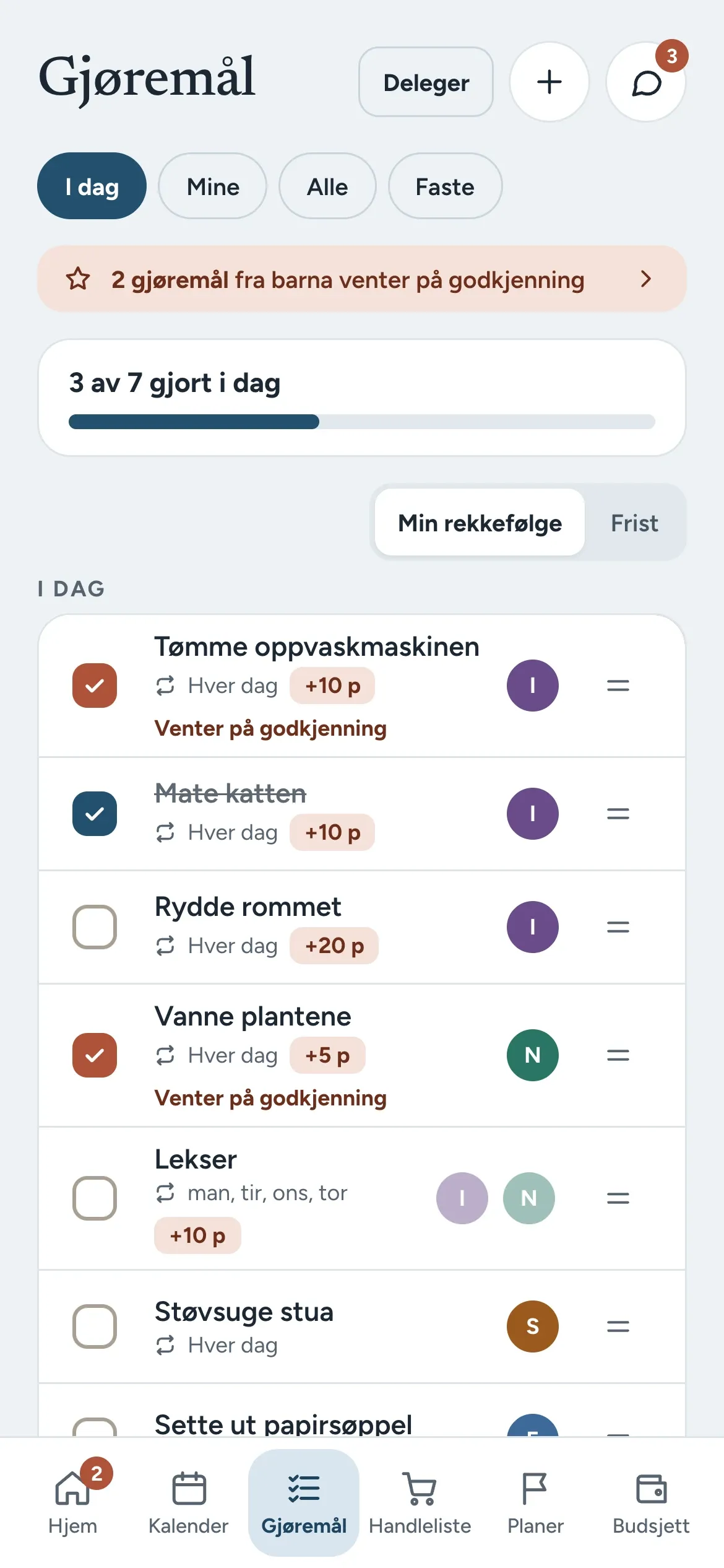 Stua på mobil: Gjøremål med poeng per oppgave og ventende godkjenning